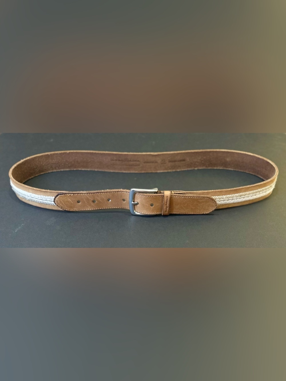 Tommy Bahama Tan Leather & Ivory Stitched Inlay Belt XL 42-44